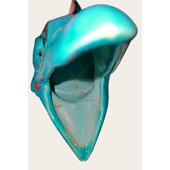 Vintage Turquoise Ceramic Bird Planter Orange Black Splatter - Picture 8 of 10